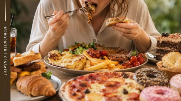 Repas trop copieux et alimentation riche en graisses pouvant favoriser une digestion lente et une sensation de lourdeur après le repas - Herboristerie Sensathé Repas trop copieux et alimentation riche en graisses pouvant favoriser une digestion lente et une sensation de lourdeur après le repas - Herboristerie Sensathé